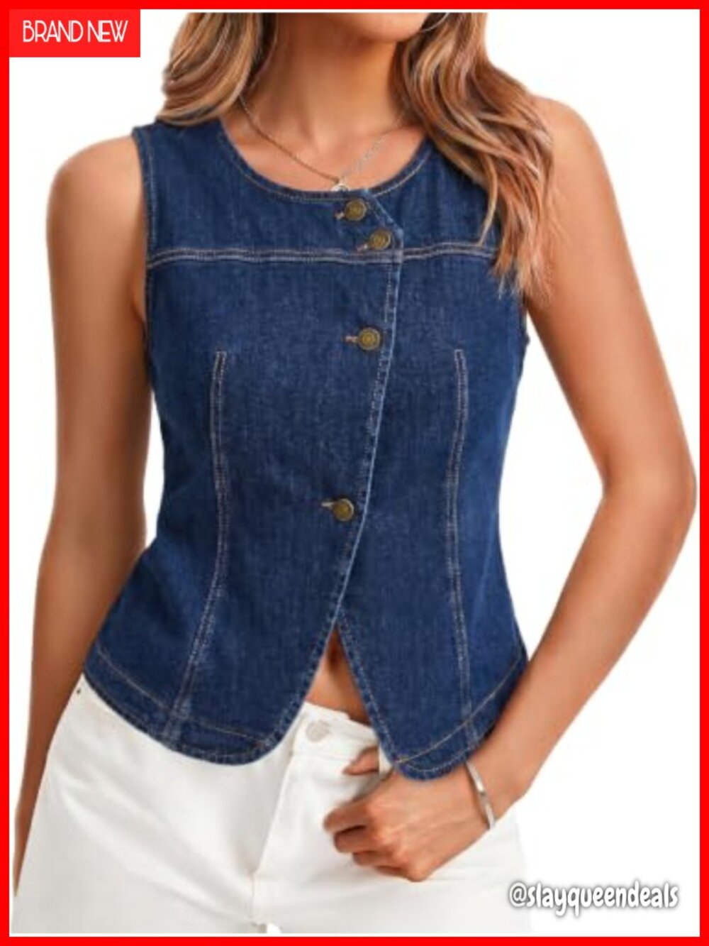Washed Denim Vest Top Sleeveless Button Down Crewneck Casual Summer